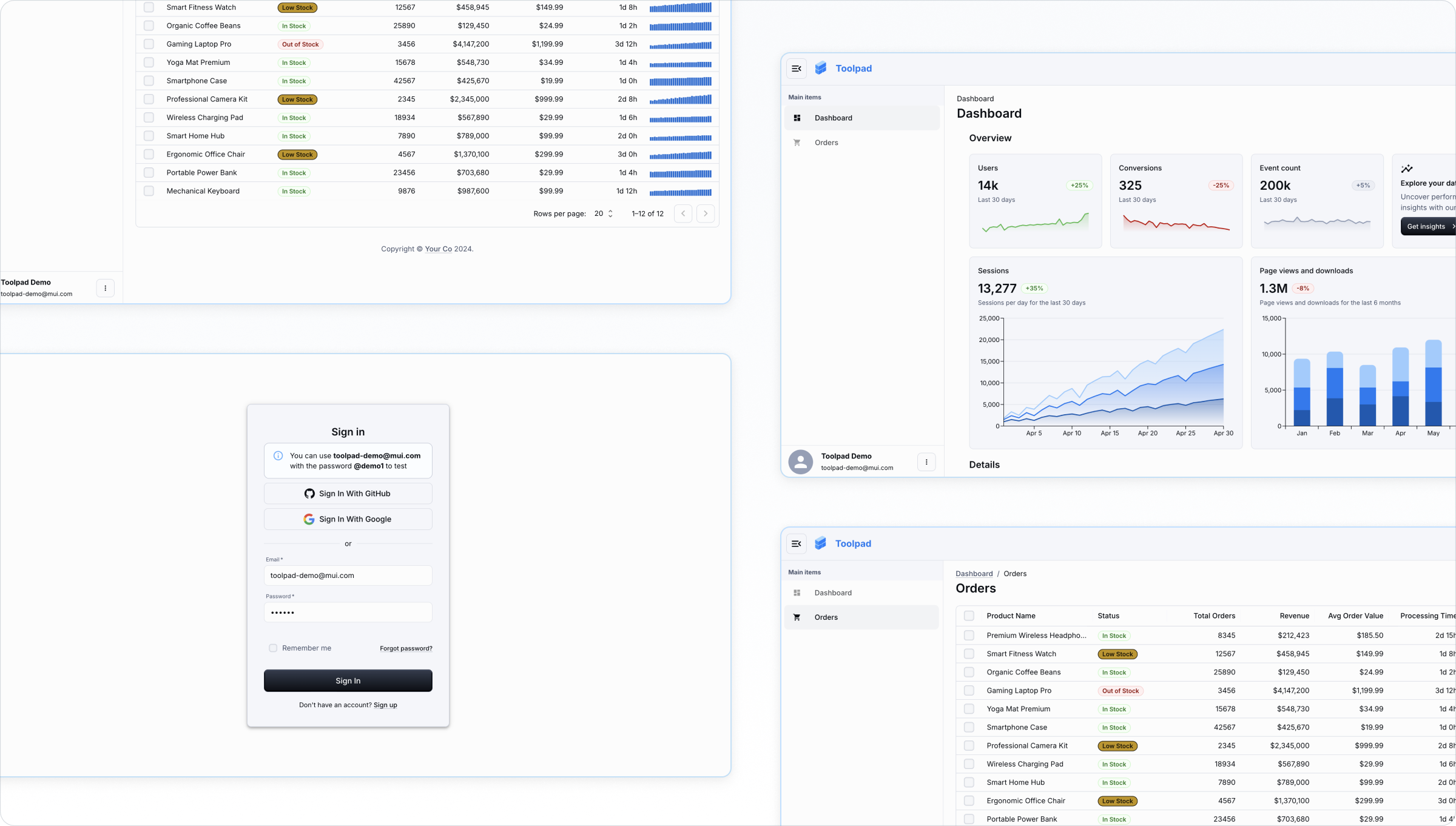 The Toolpad Core template comes with authentication, navigation and theming integrated